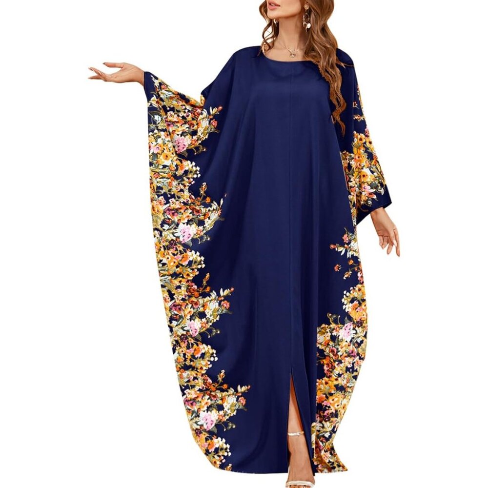Women's Ramadan Abaya Floral Print Batwing Sleeve Prayer Dress Dubai Kaftan